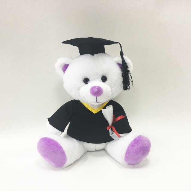 Stuffed Graduation White Bear plush purper paw with Cloth 
