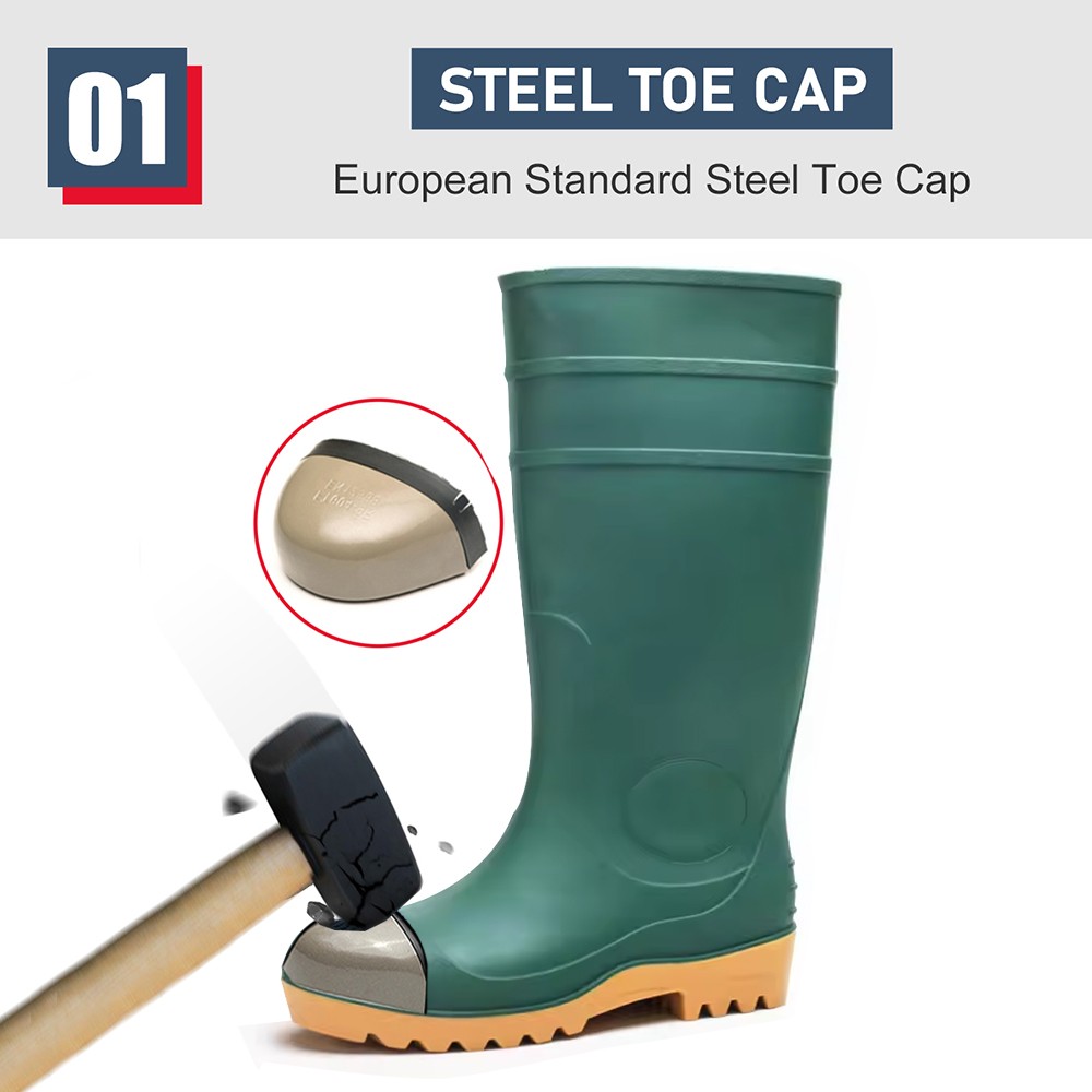 CE Verified Green PVC Knee High Safety Rain Boots with Steel Toe 