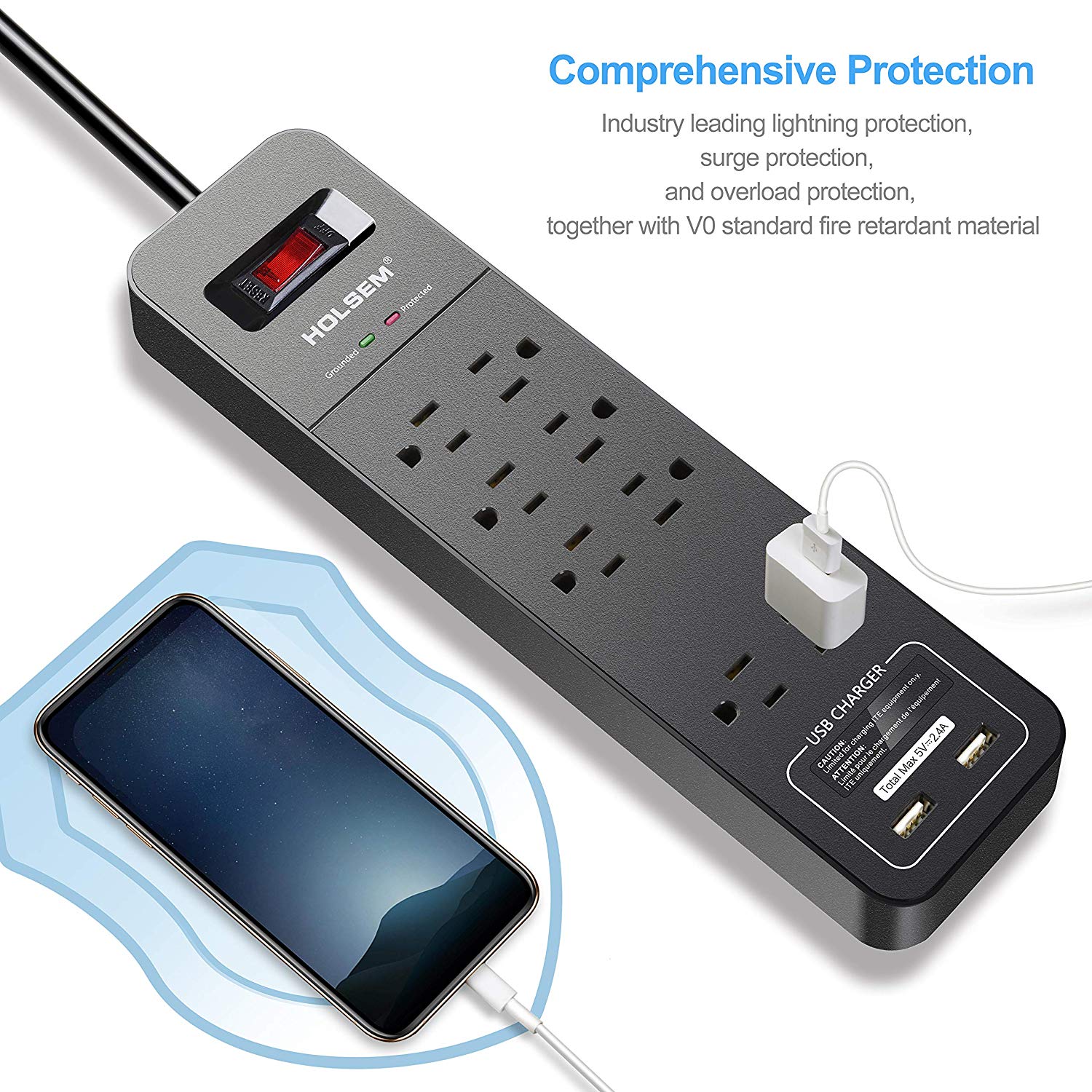 Surge Protector 8 Outlets 2 Smart USB Ports Black