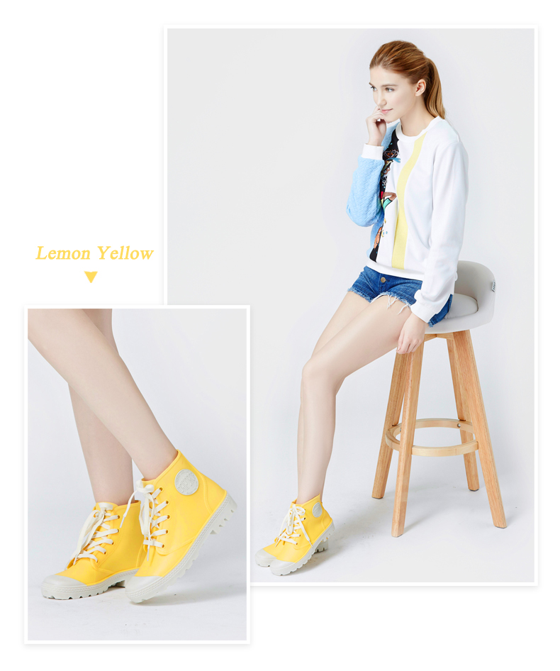 Lemon yellow lace up fashion rain boots shoes for women