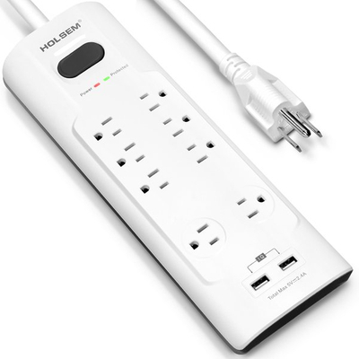 Surge Protector 8 Outlets 2 Smart USB Ports White