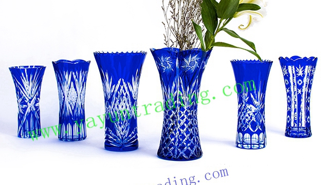 hand cut Bohemian cobalt blue large floral glass flower vase