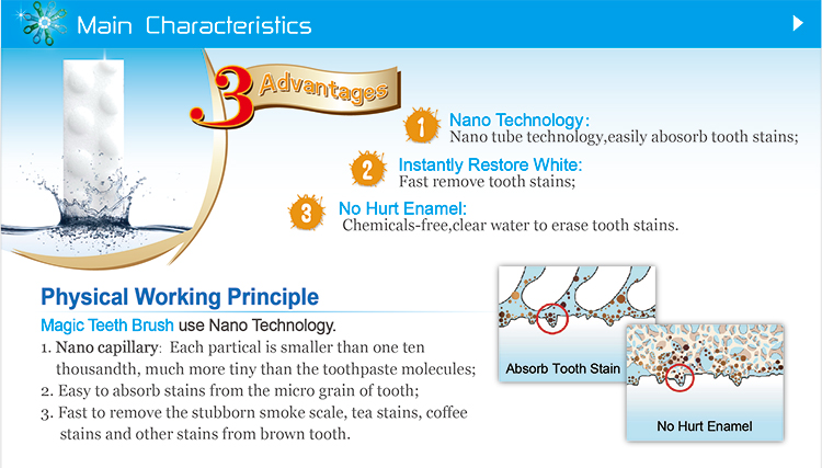 Maigc teeth brush use nano technology and have 3 advantage, fast to remove smoke sacle and tea stains Los cepillos de dientes Maigc utilizan tecnología nano y tienen 3 ventajas, se eliminan rápidamente las manchas de humo y las manchas de té