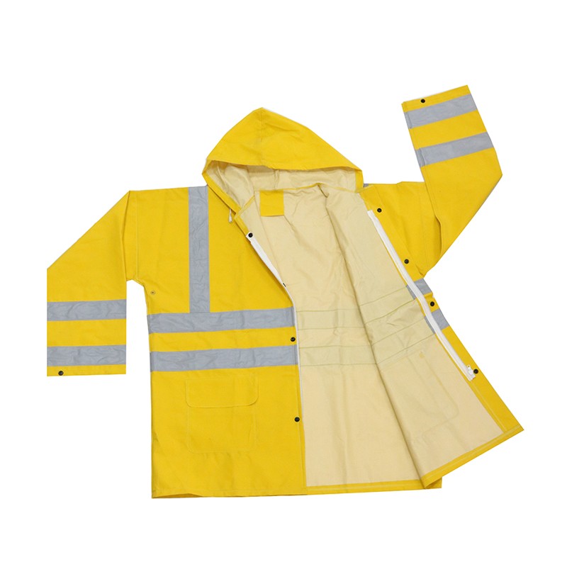 Heavy duty yellow PVC polyester PVC water proof raincoats with reflective stripe