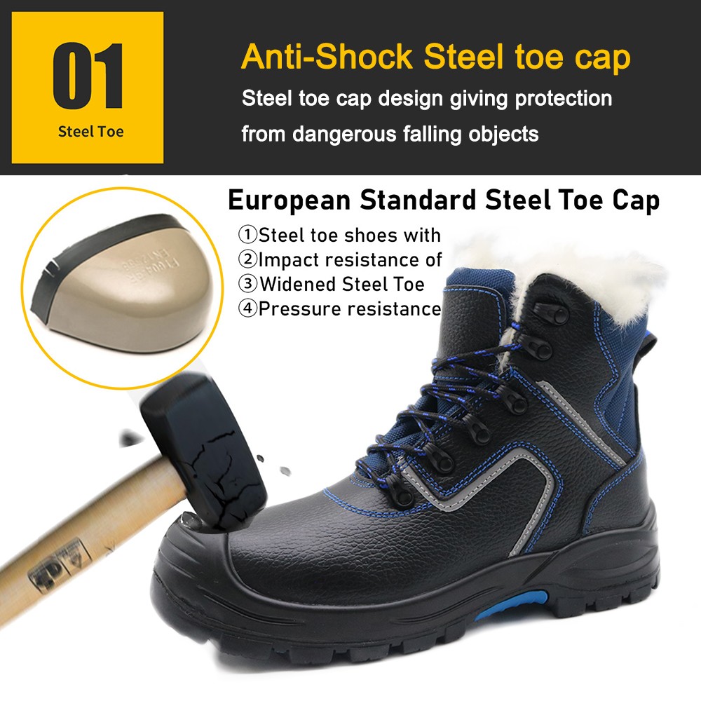 Black Leather PU Rubber Sole Steel Toe Winter Safety Boots for Men