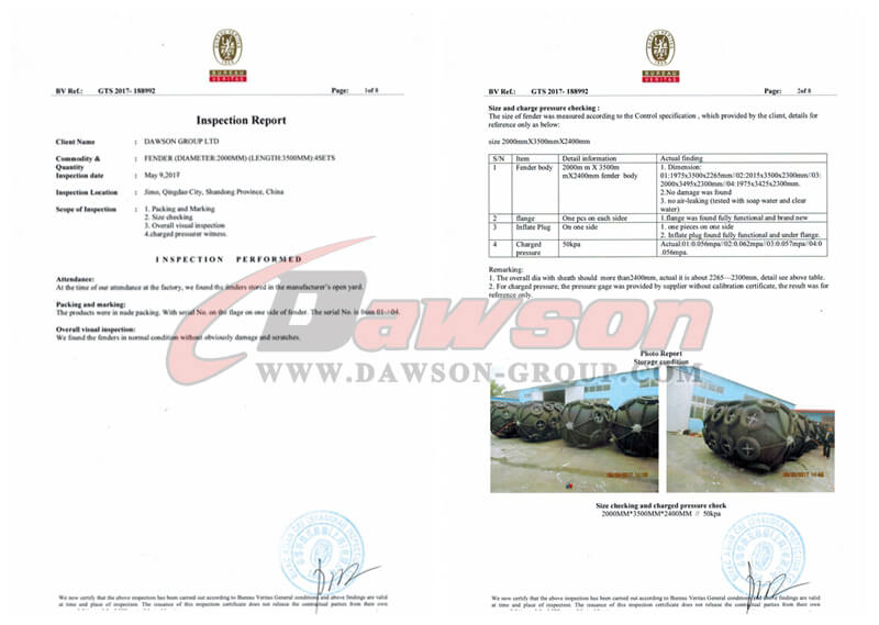 Certificaci&oacute;n BV de defensas de caucho marino - Dawson Group Ltd. - Fabricante, proveedor y f&aacute;brica de China