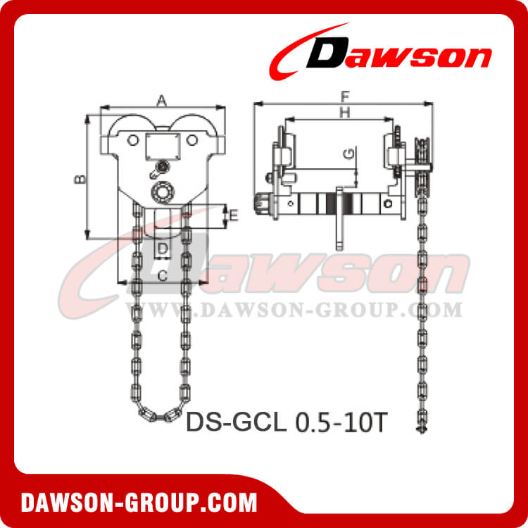 DS - GCL 0.5 - 10Tonハンドチェーントロリー、ギアードトラベルトロリークランプ