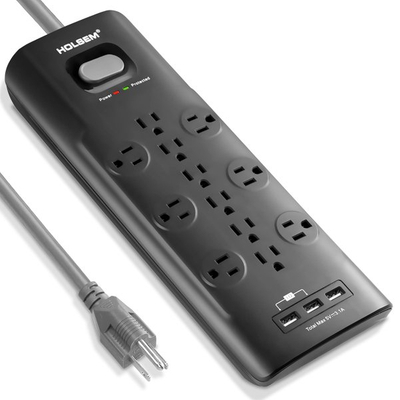 Surge Protector 12 Outlets 3 USB Ports Black