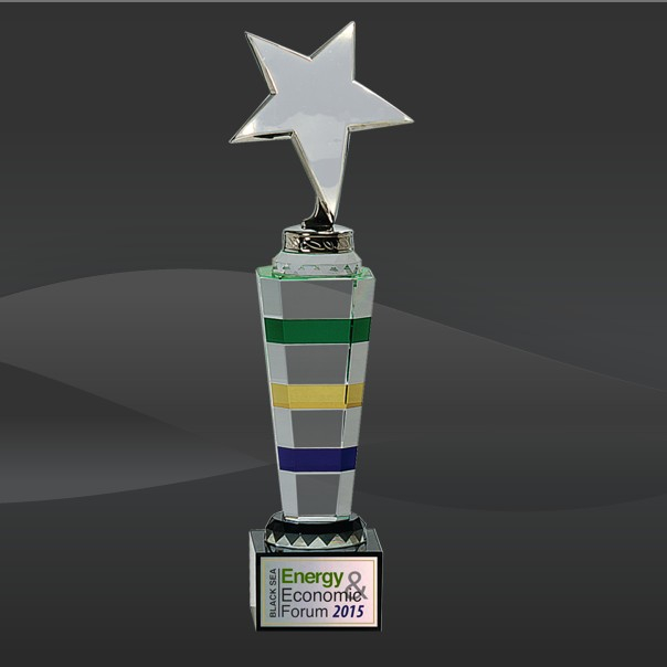 Colorful Crystal Star Award Trophy with Black Crystal Base