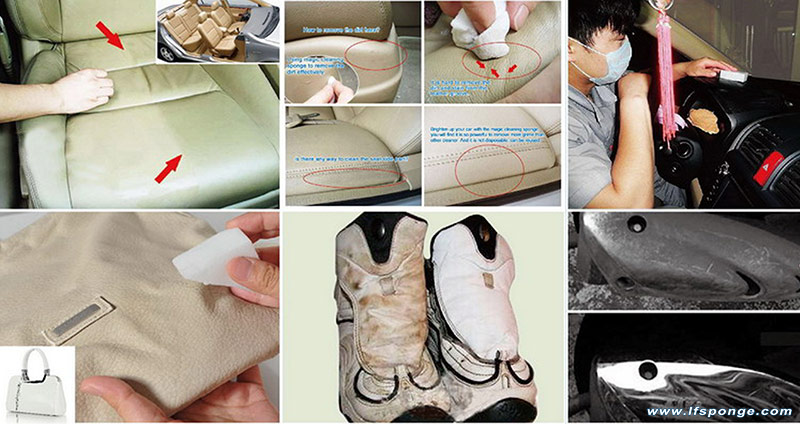 Magic Melamine sponge on Leather- remove the stains on the surface of the leather Éponge de mélamine magique sur le cuir - enlevez les taches sur la surface du cuir