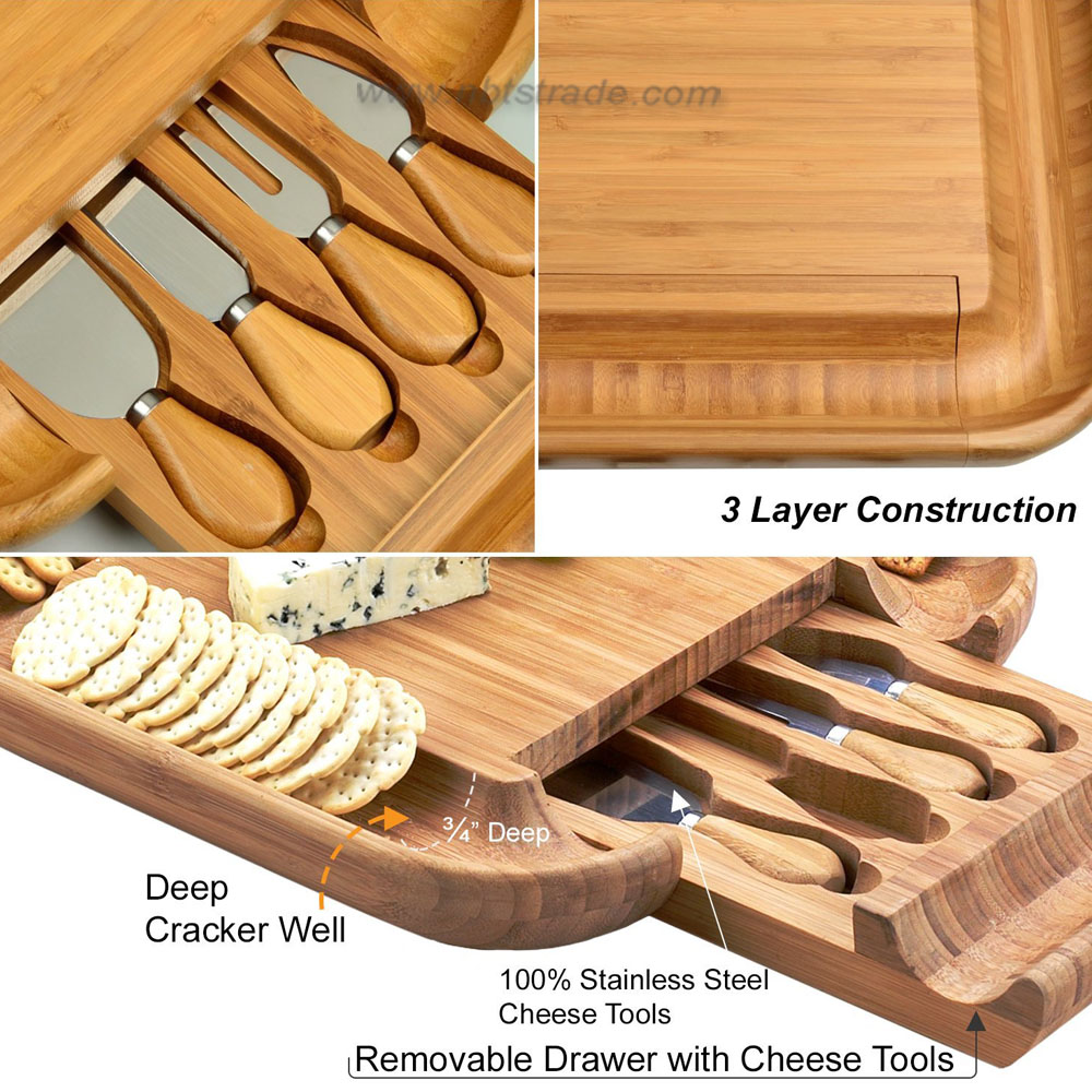 Square Cheese Board Set with Cheese Knives Bamboo Cutting Board