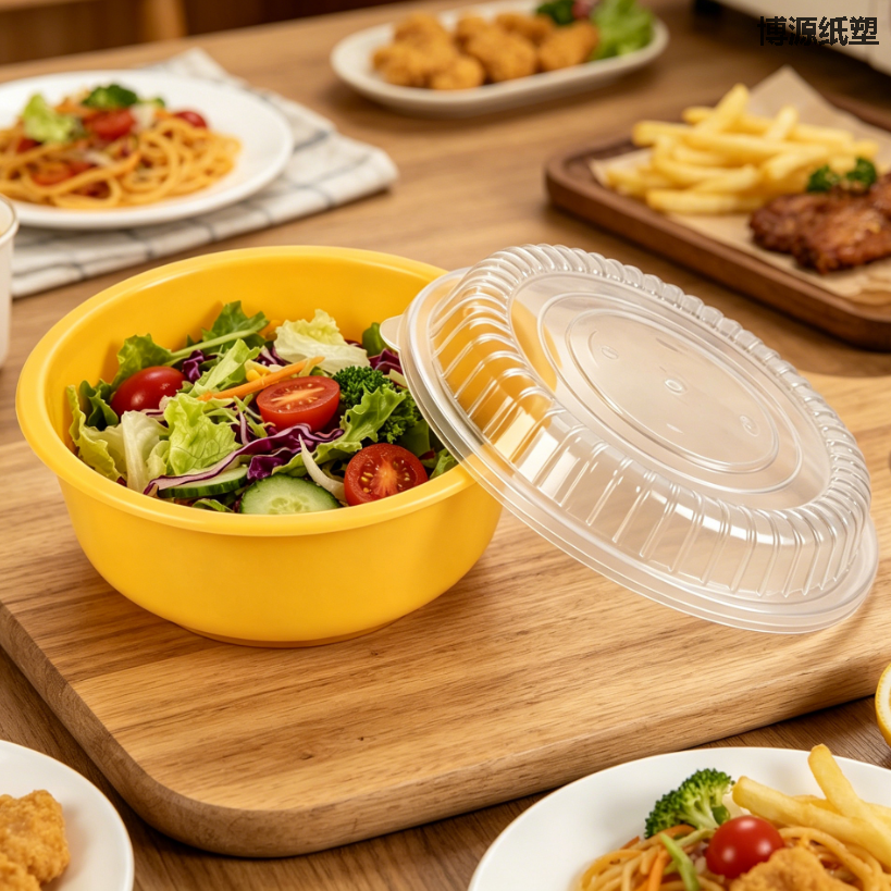 Round Plastic Disposable Tableware with Lid for Takeaway Fast Food Packaging