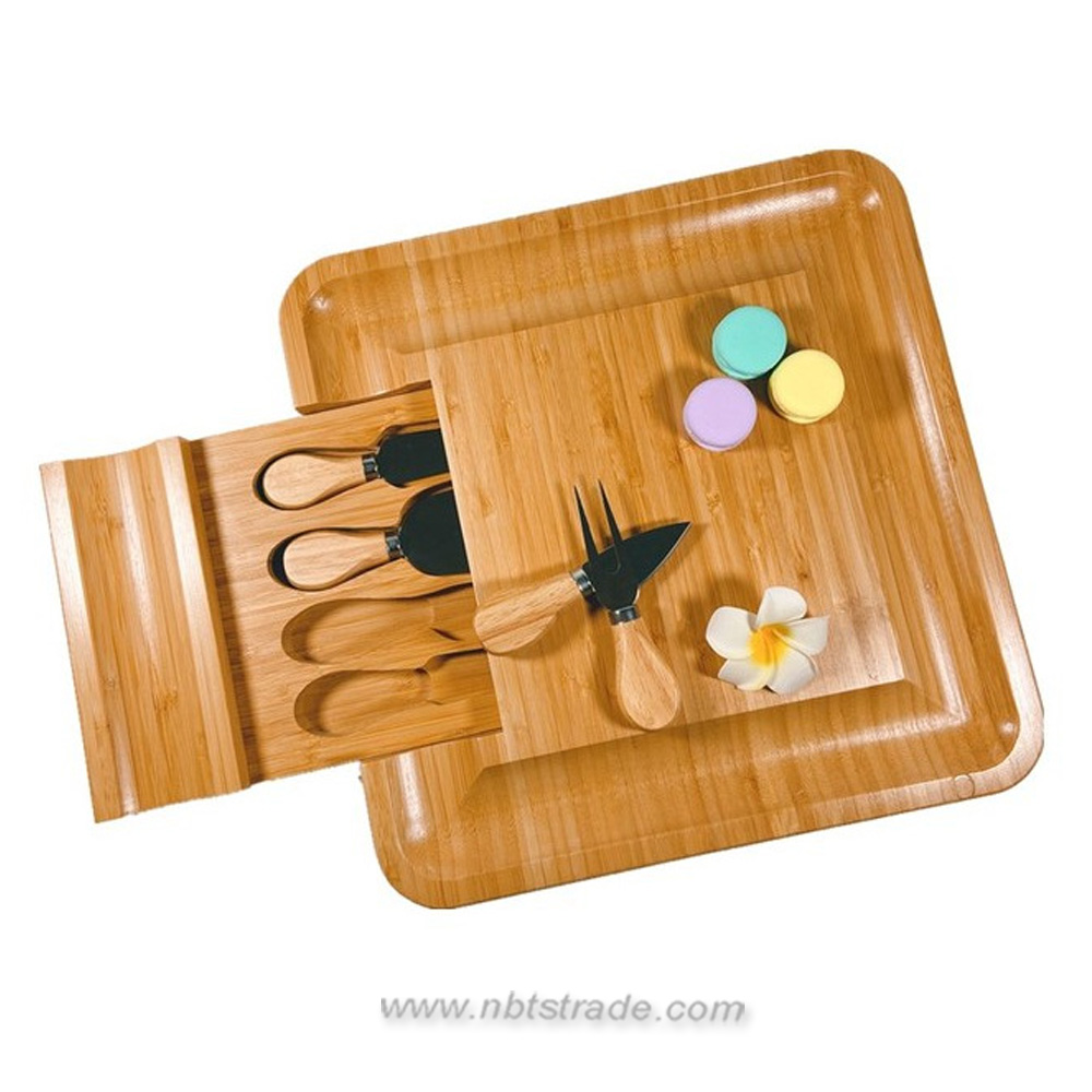 Square Cheese Board Set with Cheese Knives Bamboo Cutting Board