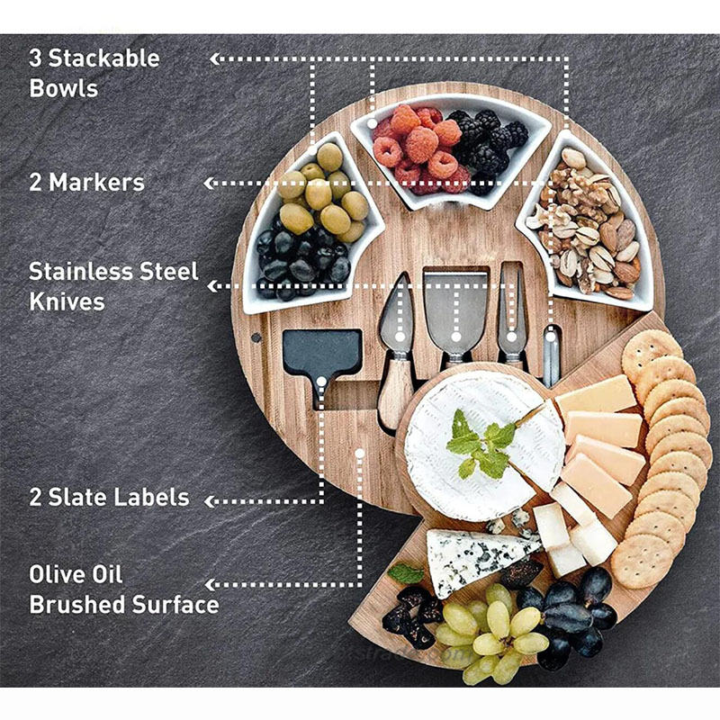 Bamboo Cheese Board Set with Knives Set and Ceramic Bowls