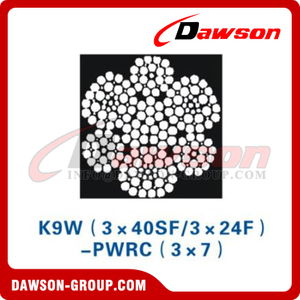 スチールワイヤロープ構造(K9W(3×40SF/3×24F)-PWRC(3×7))、建設機械用ワイヤロープ 
