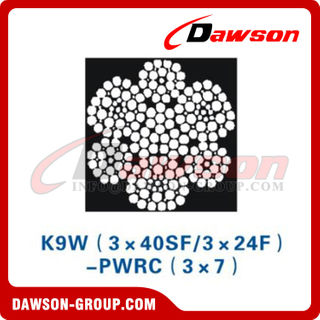 スチールワイヤロープ構造(K9W(3×40SF/3×24F)-PWRC(3×7))、建設機械用ワイヤロープ 