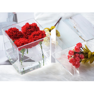 Clear Custom Size Cube Shape Acrylic Flowers Gift Display Box With Lid