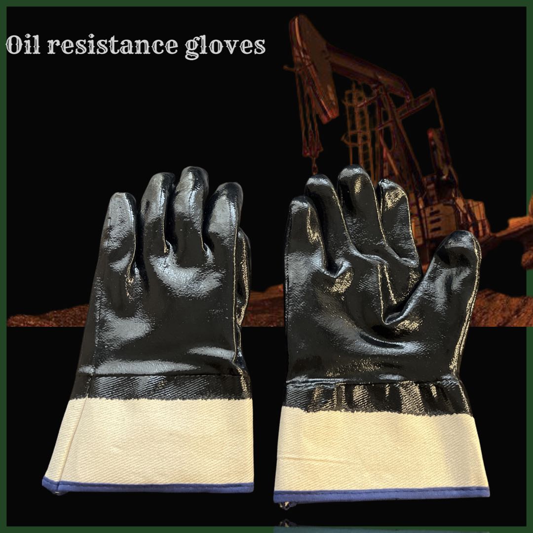 Black Nitrile Olil Resistance gloves fully nitrile coated gloves , safety cuff 