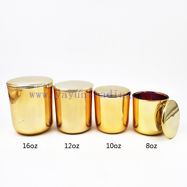 Electroplated 8oz 10oz 12oz 16oz Luxury Empty Glass Gold Candle Vessel Jar Large with Lid