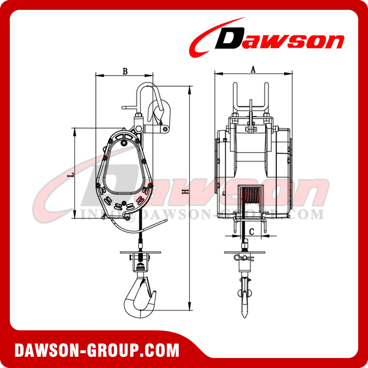 Cabrestante de cable tipo suspensión liviano DAWSON DS-NX, polipasto tipo colgante liviano, polipasto de cable eléctrico