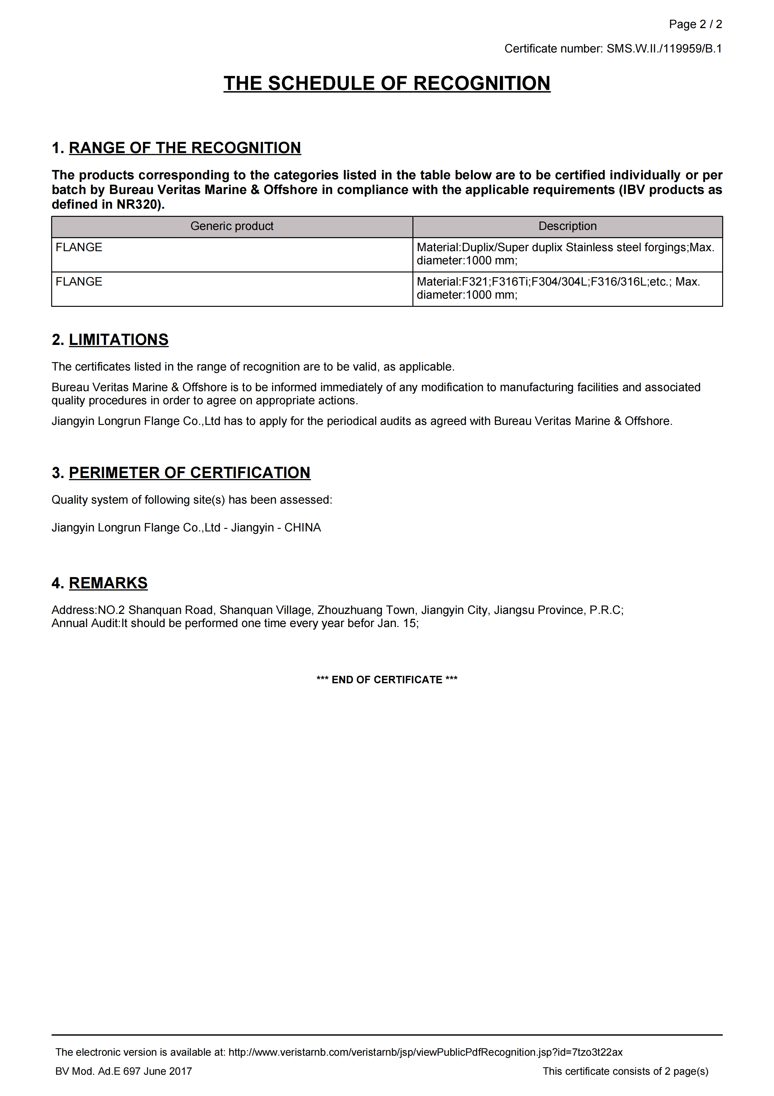 Expansion of qualification certificates - Longrun Flange Awarded BV Certification for Duplex and Super Duplex Steel Materials