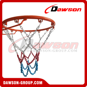 Белый, красный и синий, 3,5 мм, баскетбольная цепная сетка с порошковым покрытием, электрогальванизация, марганцевая сталь, баскетбольная стальная сетка, 12 петель, 3-цветные баскетбольные сетки из стальной цепи