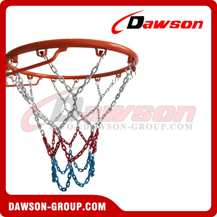 Red de cadena de baloncesto con recubrimiento en polvo de 3,5 mm, color blanco, rojo y azul, acero al manganeso electrogalvanizado, cadena de red de acero para baloncesto, 12 bucles, redes de baloncesto de cadena de acero de 3 colores