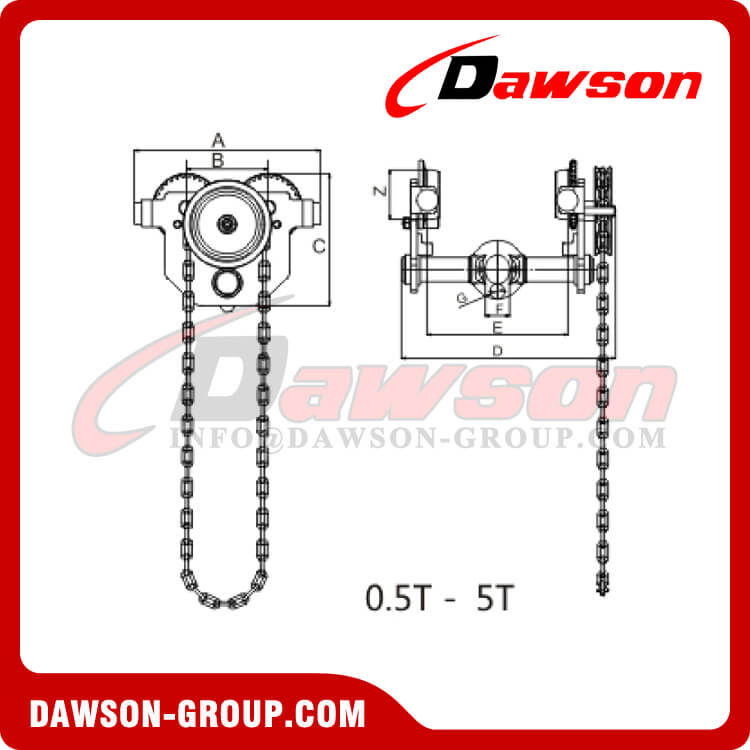 DS-SHL Carro de cadena manual 500 kg 1000 kg 2000 kg 3000 kg 5000 kg, abrazaderas de carro de 0,5 T - 5 T