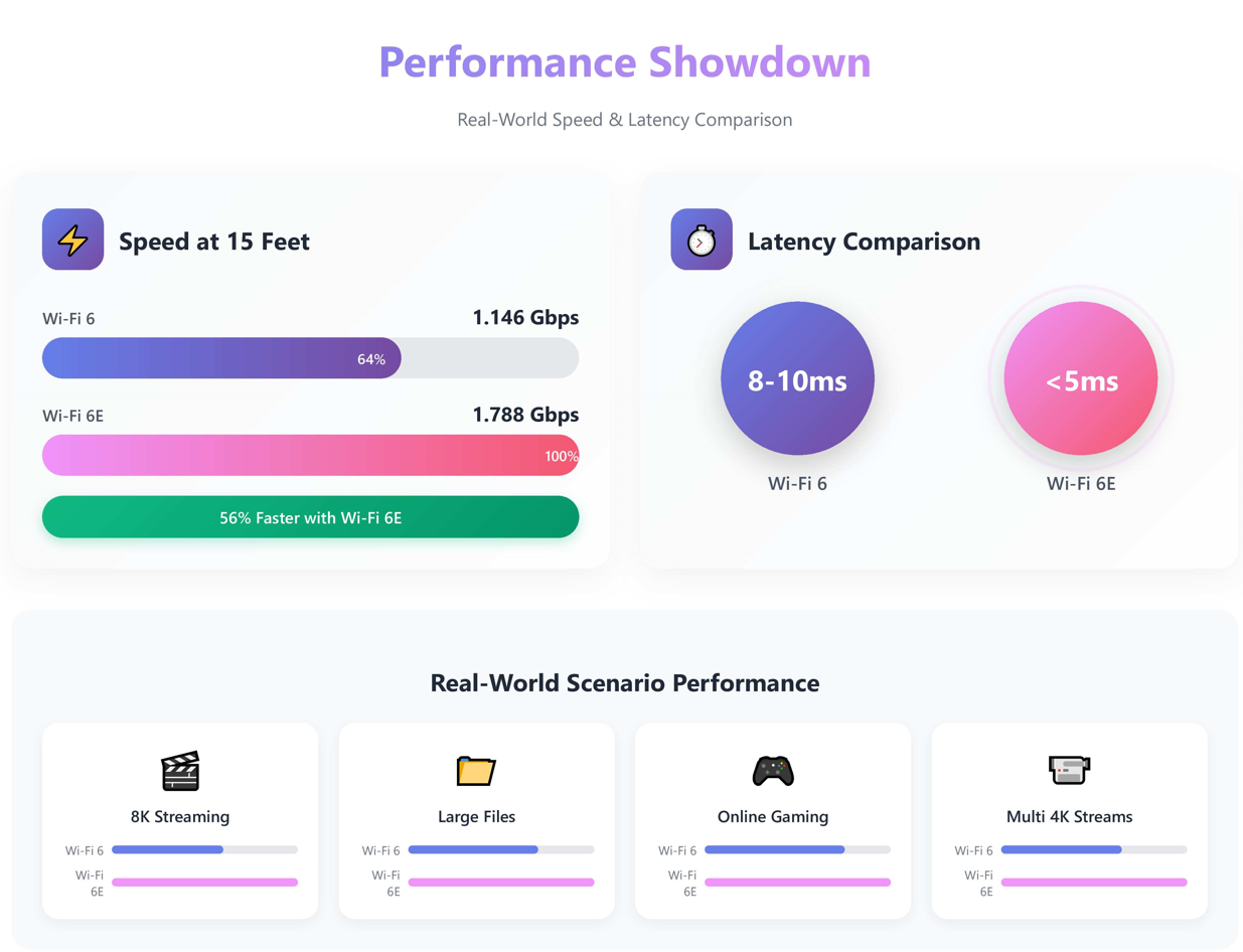 Γράφημα σύγκρισης απόδοσης που δείχνει το Wi-Fi 6 να επιτυγχάνει 1,146 Gbps έναντι 1,788 Gbps του Wi-Fi 6E, διαφορές λανθάνοντος χρόνου και αξιολογήσεις απόδοσης πραγματικού σεναρίου