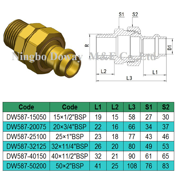 Conexión de prensa de unión macho de latón con aprobación de marca de agua
