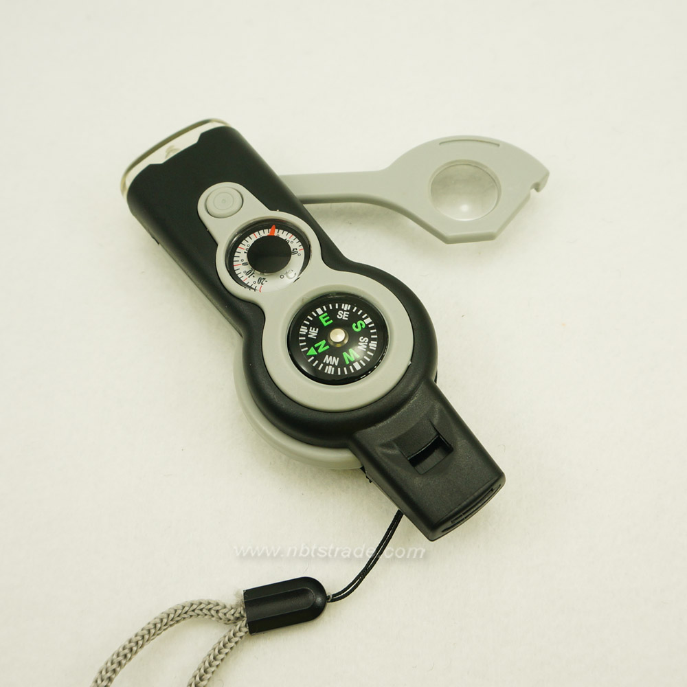 Orange 7-In-1 Survival Whistle with LED Flashlight and Compass