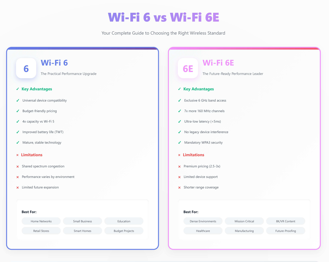 Πλήρης οδηγός αποφάσεων που συγκρίνει τις δυνατότητες Wi-Fi 6 και Wi-Fi 6E, περιπτώσεις χρήσης και ερωτήσεις βοήθειας γρήγορων αποφάσεων για την επιλογή της σωστής τεχνολογίας