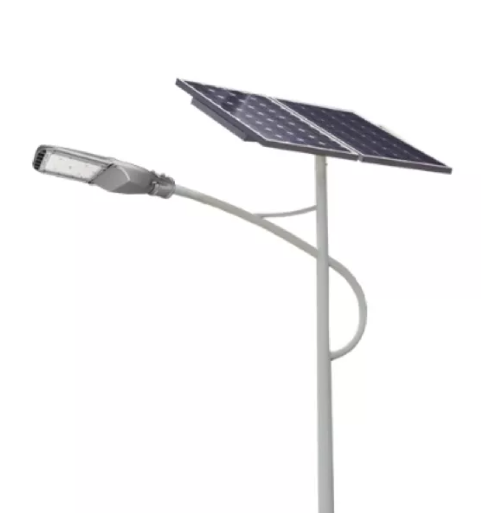 Split Solar street Light “分體式太陽能路燈,帶有獨立的太陽能電池板、LED 燈和安裝在桿上的電池。”