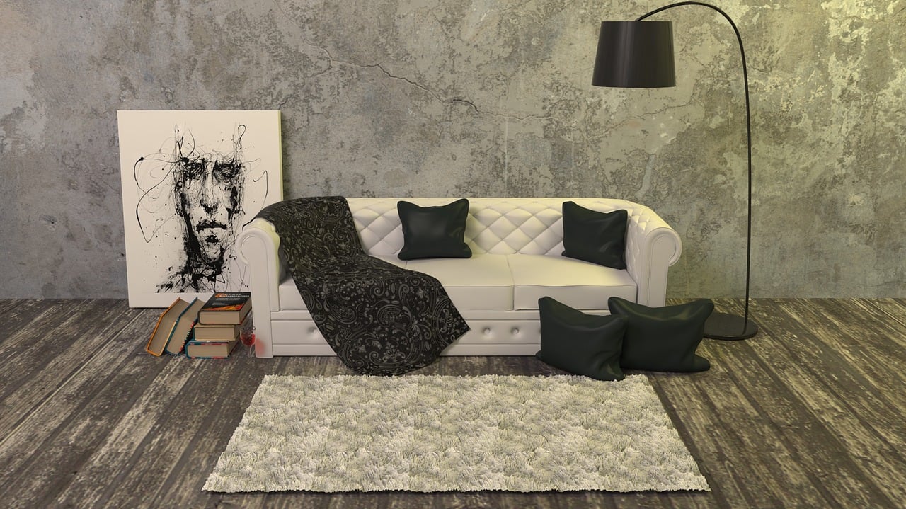 Modern living room with white sofa Ruang tamu moden dengan sofa putih