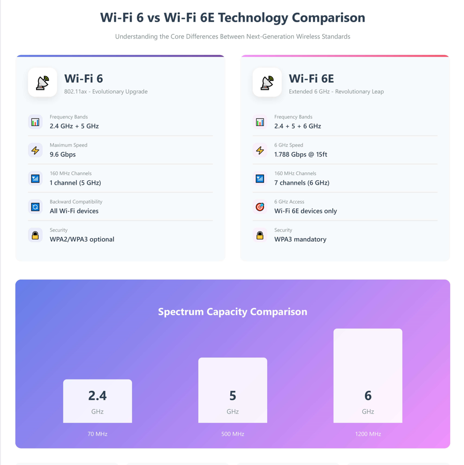 Σύγκριση τεχνολογίας πυρήνα Wi-Fi 6 με Wi-Fi 6E που δείχνει ζώνες συχνοτήτων, ταχύτητες, πλήθος καναλιών και οπτικοποίηση χωρητικότητας φάσματος με ζώνες 2,4 GHz, 5 GHz και 6 GHz