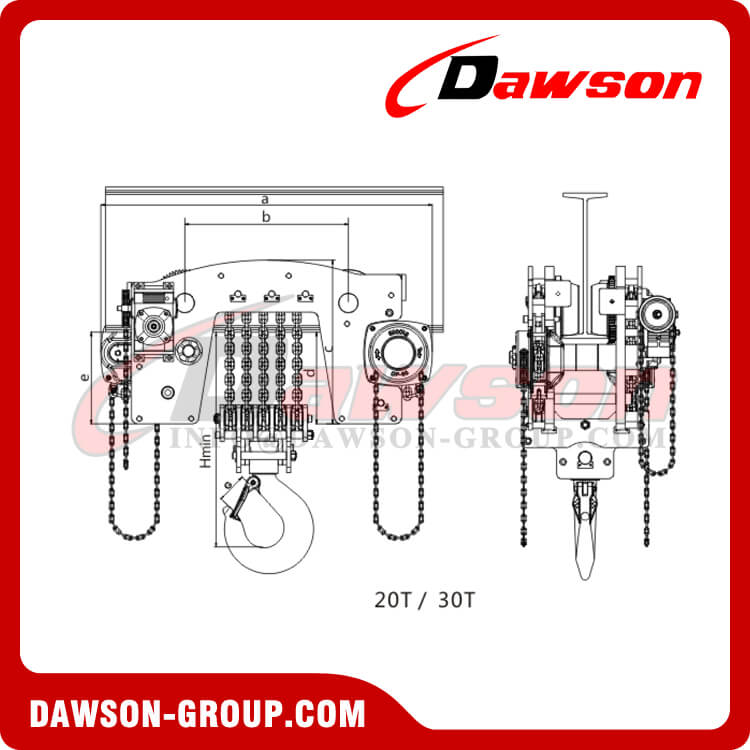 DS-YTG-20 DS-YTG-30 20T、30Ton、20000kg 30000kg ハンドチェーンホイストトロリー、ロークリアランストロリーホイストコンビネーション