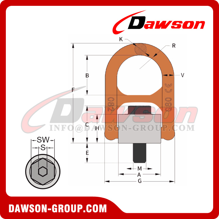 DS082Y M8-M72 Punto de elevación de servicio pesado, anillos de elevación giratorios