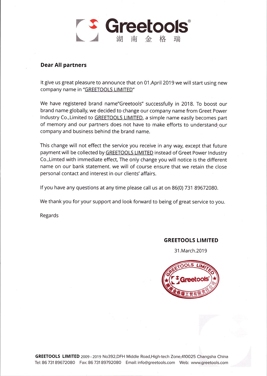 Nouveau nom Greetools Limited