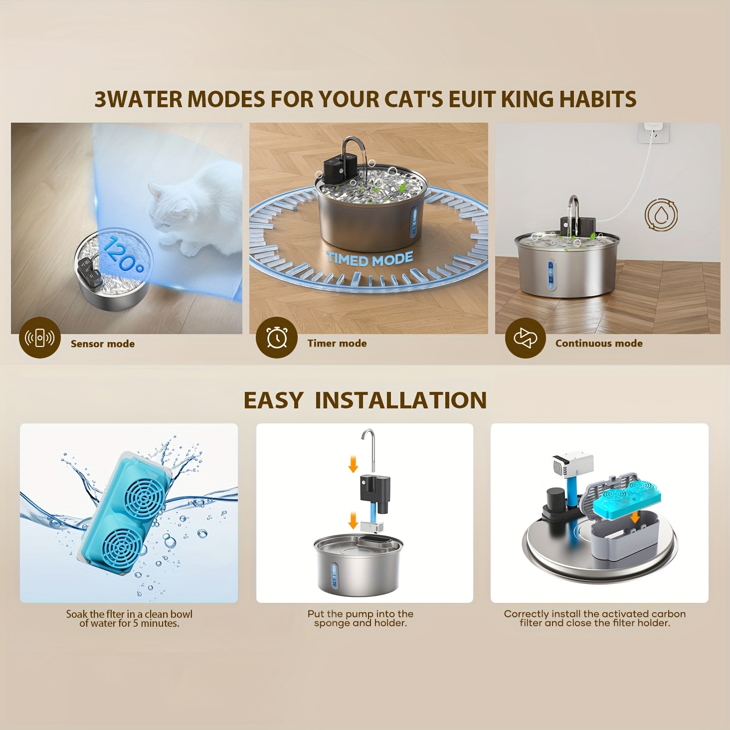 High Quality Black Color Pet Feeder Cat and Dog Cat Water Drinking Dispenser Stainless Steel Smart Pet Water Fountain