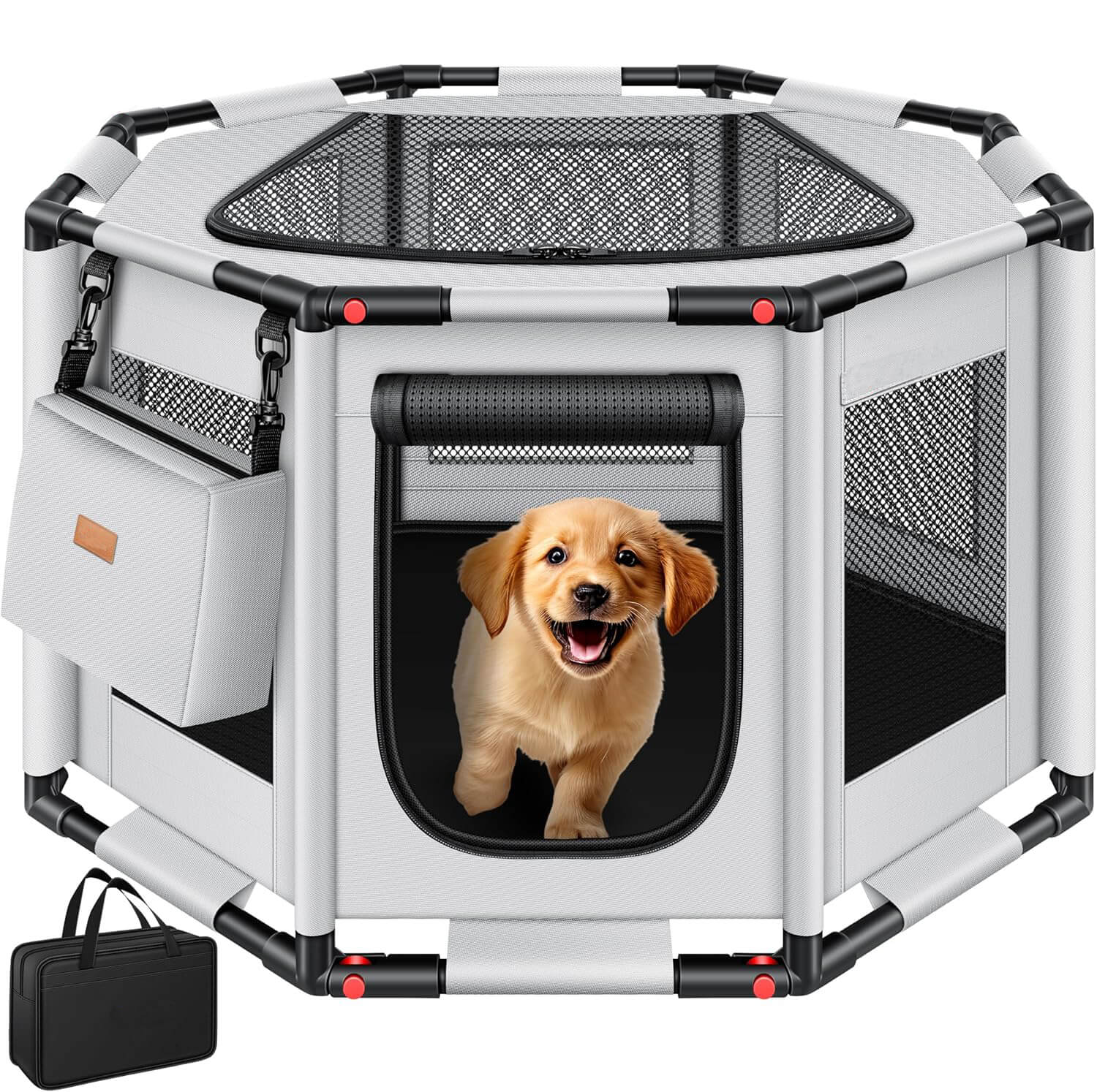 Portable Octagonal Dog Cage Snap Button Closure Folding Pet Tent with Mesh Windows Oxford Fabric Puppy Playpen