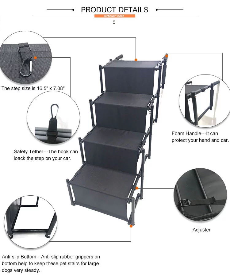 Outdoor 4 Steps Portable Collapsible Pet Step Car Dc-dc Steps Down Accordion Metal Frame Dog Stair Oxford Fabric with Partitio