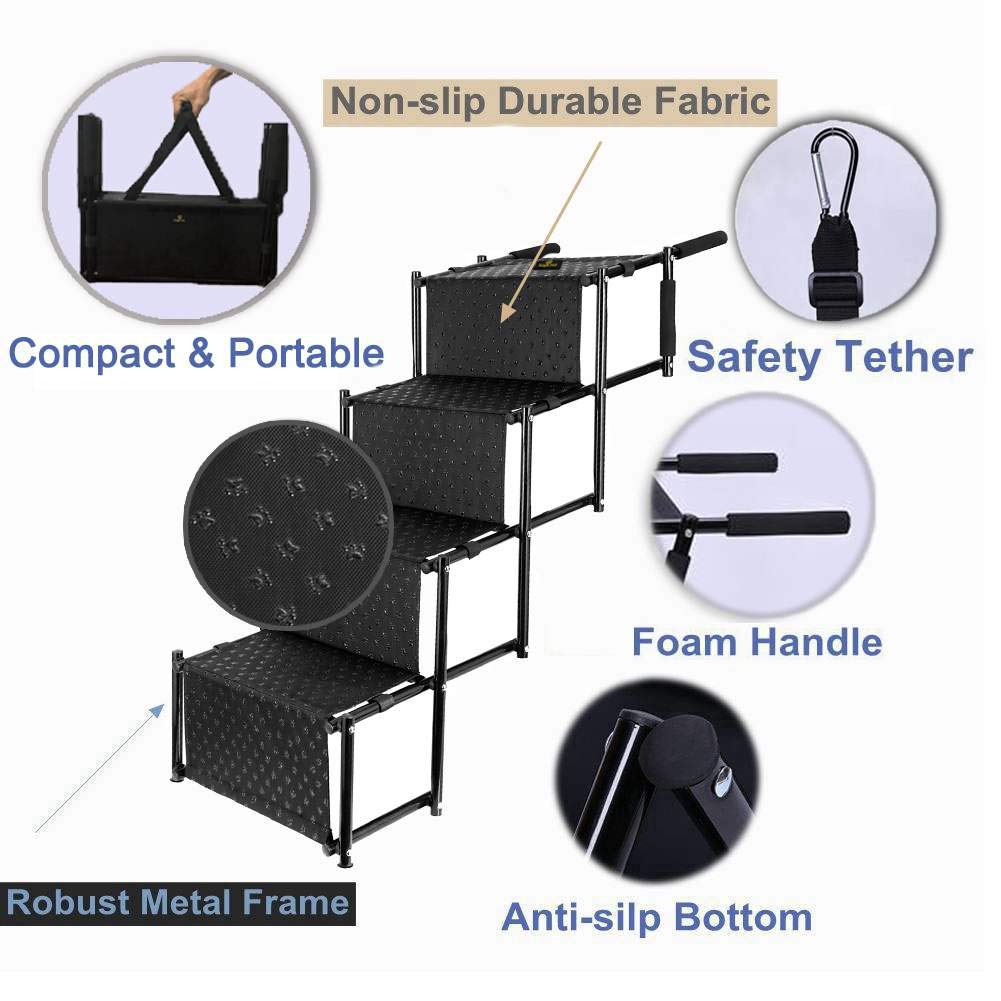 Outdoor 4 Steps Portable Collapsible Pet Step Car Dc-dc Steps Down Accordion Metal Frame Dog Stair Oxford Fabric with Partitio