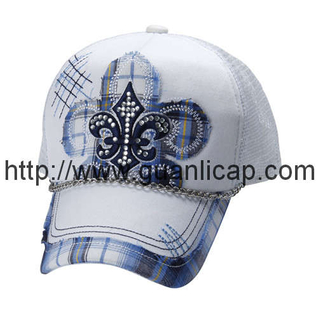 Cut&sewn patch checker fabric applique embroidery mesh cap