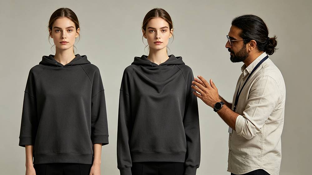 Pattern change affects hoodie fit and silhouette يؤثر تغيير النمط على مقاس السترة والصورة الظلية