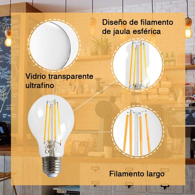 GY E27 Filament A60 8W LED Light Bulb, Warm White 2700K, 850 Lumens (75W Equivalent), Non-Dimmable