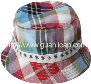 Checker cotton fabric bucket hat with printed strip