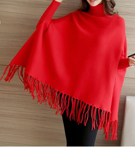 PK17ST382 Long Sleeve Wool Cashmere Poncho Sweater with Tassels for Women