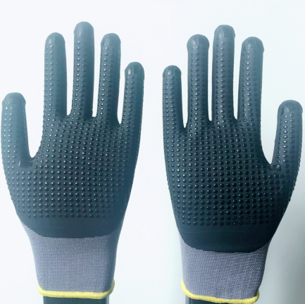 15G nylon + lycra with micro nitirle foam dotted gloves