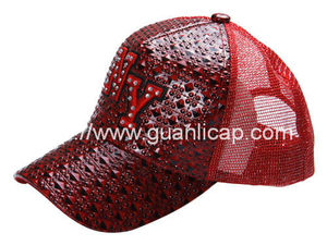 PU fabric mesh cap with 3D embroidery and rhinestone