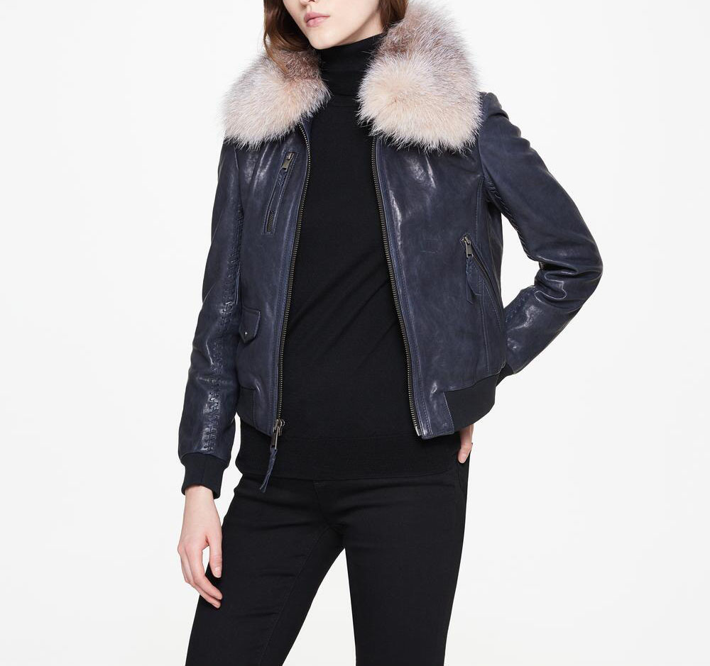 P18E029BW Hot sale up to date fashion genuine lamb leather jacket for women with a removable fur collar
